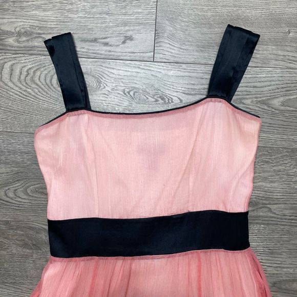 BEBE Pink Black Silk Dress Ruffle Sheer Formal Size 6 Small Midi Length - Picture 2 of 11